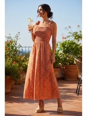 Dex Coral-Orange Patterned Maxi Dress with Tie Straps